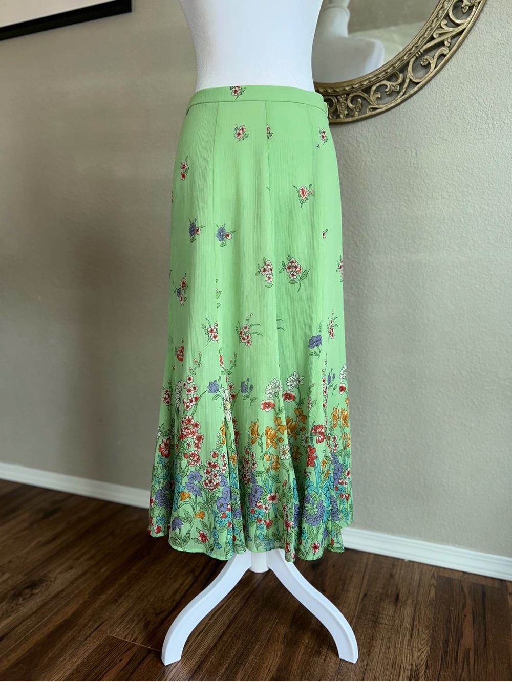 Coldwater Creek Lime Green Floral Border Maxi Skirt
